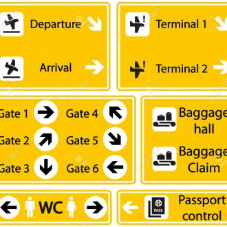 Selection of Airport signs on yellow background